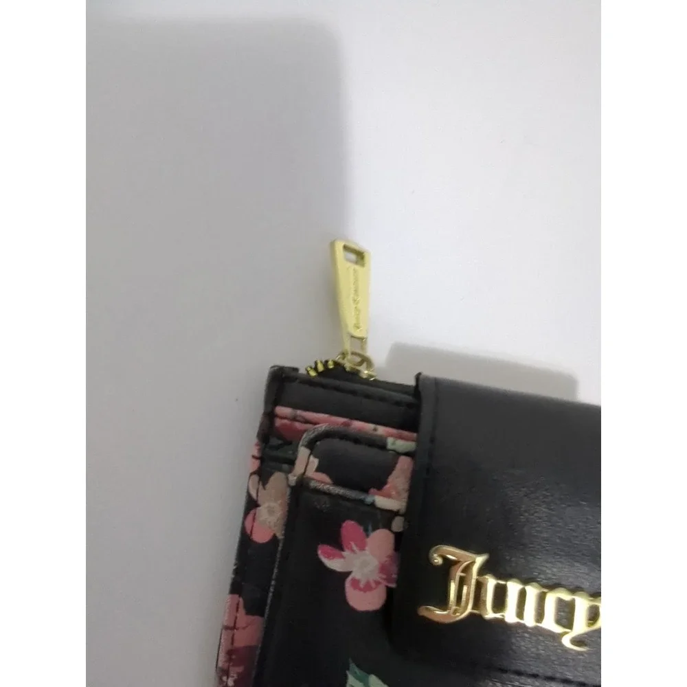 JUICY COUTURE Black Pink Flower Zipper Snap Wallet Card Case Small